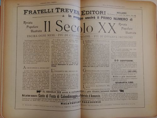 Marzo 1902: la pubblicità al primo numero de Il Secolo XX, rivista popolare illustrata della casa editrice Fratelli Treves. Il mensile pubblicherà argomenti di cronaca, attualità e letteratura, ospitando racconti di importanti scrittori dell’epoca come D’Annunzio e contributi di famosi illustratori.