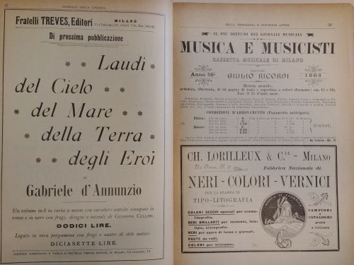 Gennaio 1903: a sinistra la pubblicità di Laudi del cielo, del mare, della terra, degli eroi di Gabriele d’Annunzio, pubblicato dai Fratelli Treves; a destra la pubblicità della rivista milanese diretta da Giulio Ricordi Musica e musicisti.