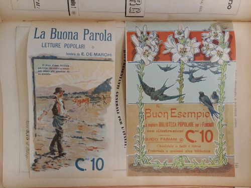Marzo 1903: le pubblicità a colori di due pubblicazioni illustrate destinate a un pubblico «popolare» adulto e di «fanciulli».