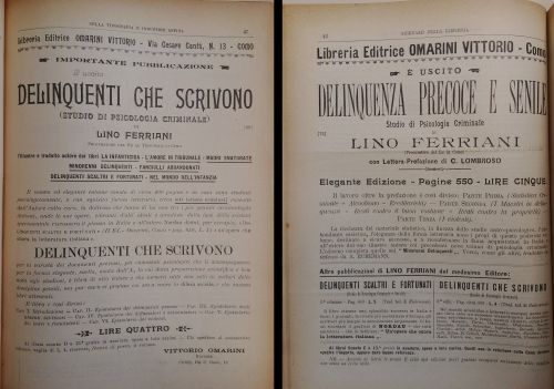 1899 e 1901: le pubblicità di una serie di libri di argomento criminologico pubblicati dalla Libreria Editrice Omarini Vittorio.