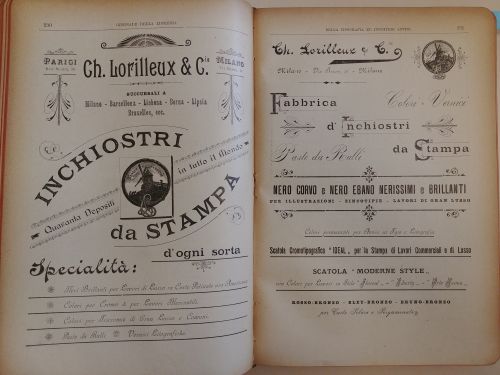 Marzo 1902: la pubblicità degli inchiostri da stampa e delle paste da rulli della ditta Ch. Lorilleux & C., con uno sfoggio di font diversi.