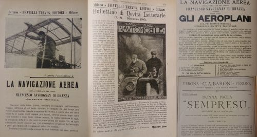 1907, 1910, 1913: Pubblicità di alcune pubblicazioni che mostrano l’interesse per i temi motori e velocità, dalle automobili a dirigibili e aeroplani . Proprio in questi anni nasce il Futurismo: il Manifesto del movimento fu scritto e pubblicato da Marinetti a inizio 1909.