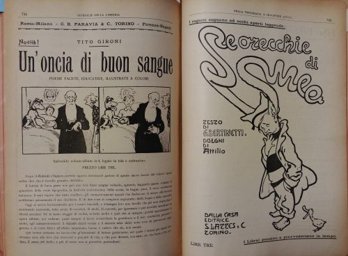 Dicembre 1908: Due pubblicità di titoli pubblicati dalle case editrici Paravia a sinistra e Lattes a destra. In questo caso entrambe le pubblicazioni per bambini sono significative perché mostrano come si stia affermando in questi anni anche in editoria un nuovo gusto e stile nell’illustrazione, con contorni più marcati, influenzato soprattutto dai manifesti pubblicitari dell’epoca.