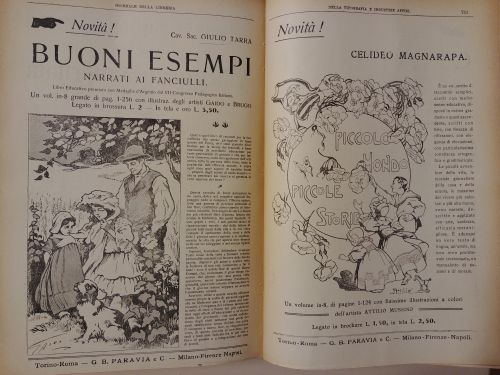 Dicembre 1908: Due pubblicità di libri per l’infanzia pubblicati dall’editore Paravia e C., anche in questo caso le illustrazioni mostrano un cambiamento rispetto ai gusti di pochi anni prima.