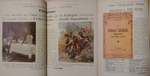 Gennaio 1909: Alcune pubblicità di libri pubblicati da Adriano Salani editore. È interessante notare come, a fianco dei titoli per l’infanzia trovavano allora spazio una serie di pubblicazioni di manualistica utile per la vita di tutti i giorni, dalla cucina a manuali per il primo soccorso o con trucchi per tingere e smacchiare.