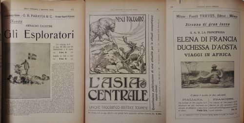 1911, 1912: Pubblicità di alcuni libri editi da diversi editori (Paravia e C., Unione tipografico editrice torinese, Treves) che mostrano un interesse per il tema dell’esplorazione degli altri continenti e che rispondevano a un certo gusto per l’esotico da parte dei lettori.