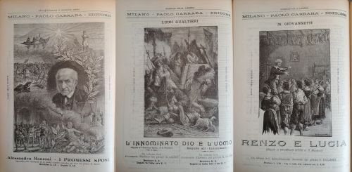 Giugno e novembre 1907: Sulla scia del successo commerciale dei “Promessi sposi”, fiorirono una serie di pubblicazioni di altri autori che approfondivano le storie di personaggi secondari o che si immaginavano una continuazione al romanzo. Qui, a sinistra “I promessi sposi” del Manzoni e a destra la pubblicità di una serie di titoli pubblicati da Paolo Carrara editore.