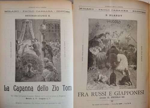 Luglio e dicembre 1907: Alcune pubblicità di pubblicazioni per l’infanzia edite dall’editore Paolo Carrara, con saggio delle incisioni contenute nei volumi. Una curiosità: “La capanna delle Zio Tom” nella sua prima pubblicazione italiana nel 1852 uscì col titolo “Il tugurio dello Zio Tom”, edito dalla la Tipografia Mariani di Firenze, ma già dalla seconda edizione il titolo fu cambiato con quello con cui ancora oggi è conosciuto in Italia.