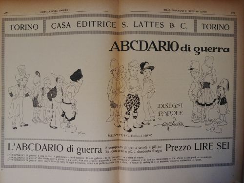 Dicembre 1916: Pubblicità di un libro della casa editrice Lattes & co. In questi anni le pubblicazioni a tema guerra riguardano anche l’editoria (libri e giornali) per bambini e ragazzi.
