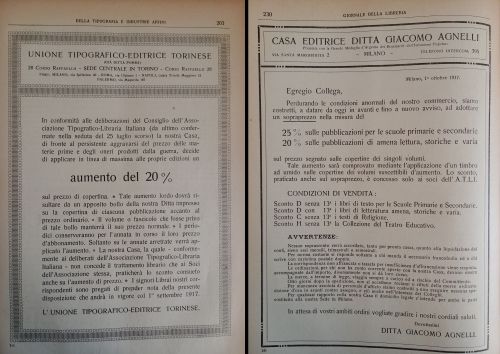 Luglio-settembre 1917: Molte case editrici in questi anni, per far fronte alla crisi che ha colpito l’industria libraria, si vedono costrette ad aumentare i prezzi di vendita dei loro libri rispetto al prezzo di copertina indicato.