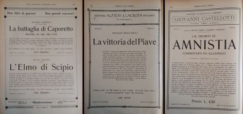 Gennaio-maggio 1919: Ancora dopo la conclusione del conflitto mondiale, continua l’interesse per il tema e gli editori accontentano il pubblico con una serie di pubblicazioni sull’argomento. Di fianco alla saggistica, anche una serie di romanzi sul tema e di memorie.