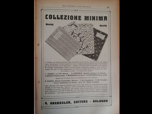 Aprile 1920: A due anni dalla fine del conflitto, iniziano a ricomparire sulle pagine del «Giornale della libreria» pubblicità di pubblicazioni editoriali di più lieve argomento, come questa collana di volumetti da collezione di poesie di autori italiani.