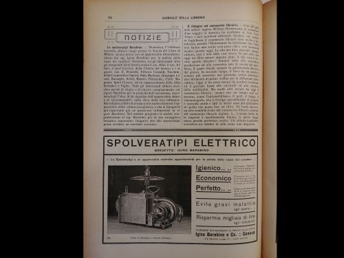 Febbraio 1914: La pubblicità di una spolveratrice per tipi, anticipata da una breve segnalazione da parte dei redattori del «Giornale della libreria» in cui la nuova invenzione utile alla tipografia viene definita come una «coraggiosa iniziativa».