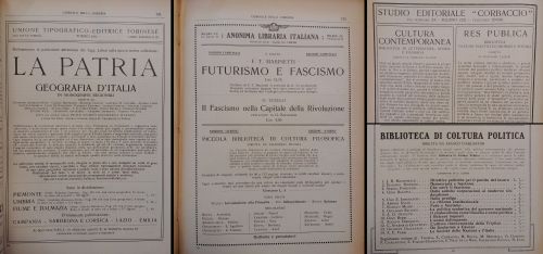 1924 Dall'interesse per la geografia e i confini nazionali, a quello per la res pubblica e alle forme di governo, le pubblicazioni di questi anni tradiscono l’incertezza per i cambiamenti politici e sociali in atto nell'Italia di questi anni.