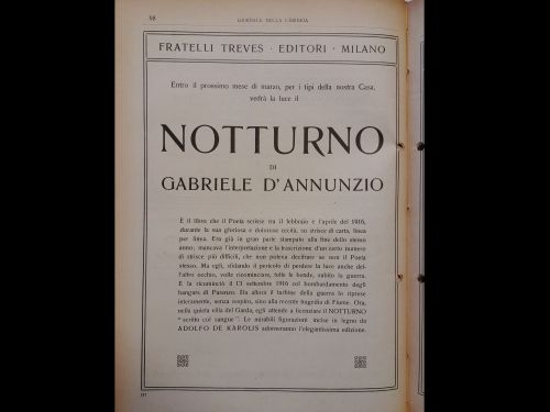 Febbraio 1921: Pubblicità dell’editore Treves in cui viene annunciata l’uscita del nuovo romanzo di D’Annunzio. “Notturno” è celebre per il modo in cui il Vate lo scrisse: su piccole strisce di carta durante la convalescenza per una ferita all'occhio.