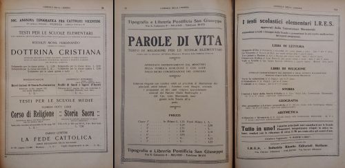 1926-27: Con l’introduzione delle Commissioni per l’esame dei libri di testo delle scuole elementari nel 1923, gli editori che sono riusciti a ottenere l’approvazione pubblicizzano i manuali come conformi alla legge. In questi anni assume una particolare importanza l’insegnamento della religione cattolica nelle scuole.