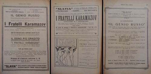 1926: La pubblicità dei primi volumi della collana “Il genio russo” edito da Slavia, casa editrice torinese, che dal 1926 traduzione in italiano le opere dei più importanti autori russi, per la prima volta partendo dall'originale lingua russa.