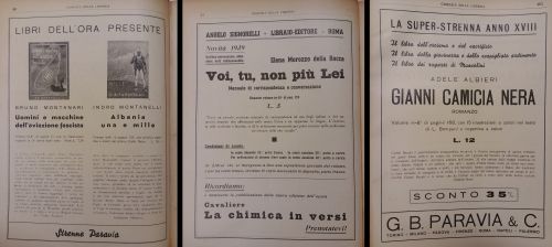 1939-42: Pubblicità di alcuni libri d’attualità. Oltre ai libri più strettamente di propaganda, è interessante il manuale di corrispondenza e conversazione secondo le nuove norme linguistiche dettate dal regime fascista, in questo caso l’imposizione dell’uso del “voi” al posto del “lei”, considerato prestito francese.