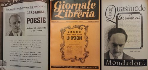 1940-42: Mondadori nel 1940 lancia una nuova collana dedicata interamente all’autorialità italiana, anche per assecondare la volontà del regime e per alleggerire le pressioni sempre più forti da parte del regime. “Lo specchio” diventa subito una collana importante per il catalogo Mondadori, soprattutto dopo il ’42, quando viene accolta anche la poesia. In questo anno vengono pubblicati Cardarelli (Poesie), Quasimodo (Ed è subito sera) e Ungaretti (L’allegria).