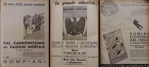 1939-42: Pubblicità di alcune delle numerose pubblicazioni sul tema della guerra e delle nuove tecnologie belliche.