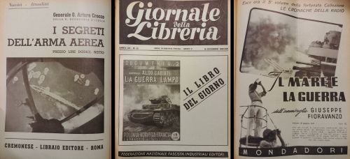 1939-42: Pubblicità di alcune delle numerose pubblicazioni sul tema della guerra e delle nuove tecnologie belliche.