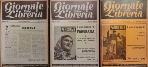1939-42: Fondato nel 1939, Panorama era un periodico quindicinale che raccoglieva saggi e articoli su 7 diversi argomenti in chiave attuale (anche letteratura, poesia, architettura) con contributi di Gatto, Moravia, Guareschi, Morante, Comencini. Un solo anno dopo il periodico fu soppresso dal Minculpop, soprattutto a causa di un articolo a firma di Indro Montanelli in cui non veniva accolta entusiasticamente la notizia dell’entrata in guerra dell’Italia.